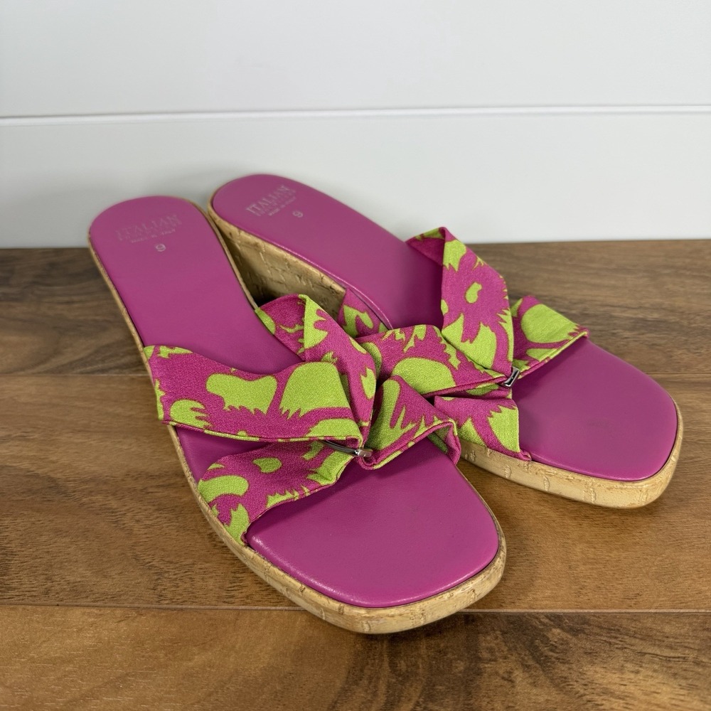 Italian Shoemakers Wedge Heel Slides 9 Y2K Pink Lime Green Beach Festival Party